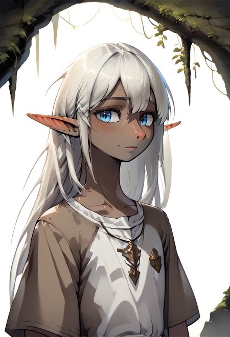 Lapanya, 1 person, solo, pointy ears, androgynous body, ((snout nose)):1.5, lean stature, medium tan skin, white hair, long hair, hip-length hair, blue eyes, white tunic, brown robe, small nostrils, 3 fingers 1 thumb,
coverfaceOUTeye, close up, head focus,
Medieval style,
Style: advntr, 4byss,
((cavern background, wall hangings, organic chamber, soft light, luminous moss)), detailed background, clean lines, highly detailed, high quality, ((semi-realistic)), best quality, rating: g
score_9, score_8_up