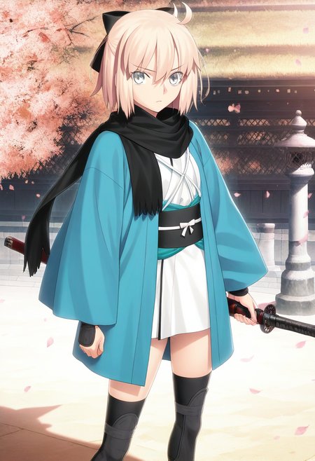 masterpiece, best quality, absurdres, detailed skin, detailed eyes, anime colored, anime screencap,
<lora:Okita_Souji:1> , okitasouji, looking at viewer, haori, scarf, black legwear, 
outdoors,