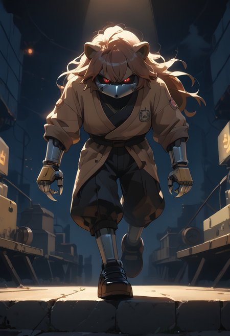 score_9, score_8_up, score_7_up, (best quality:1.1), ultra-detailed, high resolution, 8K, ((tall, 6ft tall, no mouth)), Metal Raccoon, robot, brown beige metal skin, black sclera, red pupils, pointy metal nose, gray claws, green core, black shoes, fist, battle stance, arms at sides, floating, factory, fluffy raccoon tail, BREAK outside, Rich, Detailed background, ambient light