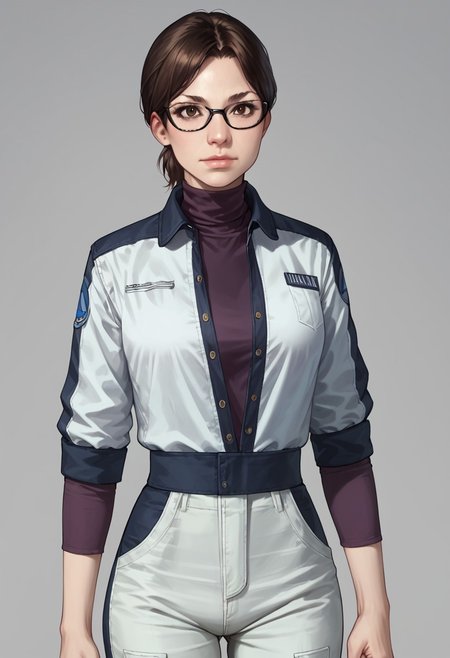 score_9, score_8_up, score_7_up, score_6_up, source_realistic, BREAK 1girl, solo, ninataylor, brown hair, short ponytail, brown eyes, glasses, uniform jacket, turtleneck, uniform pants,