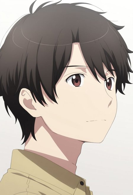 high resolution, solo, best quality, 1Boy, Inaho Kaizuka, Black Hair, Brown Eyes, potrait, dark shirt, looking at viewer, focused gaze forward, simple background, straight body, upper body, head upright, happiness, OverallDetail