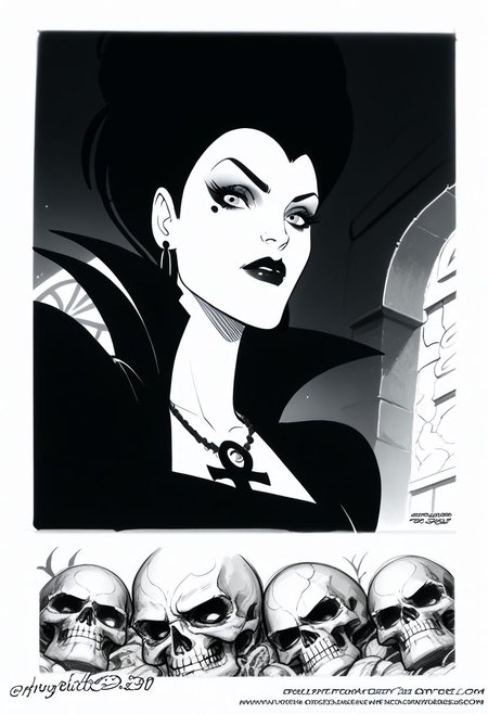 Aunt Lydia , 1girl, earrings, jewelry, necklace, ankh necklace, monochrome, traditional media, sketch, black lips, cross earrings, long hair, lipstick, makeup, skull, looking at viewer, comic art style, death_of_the_endless\(sandman\), greyscale, monochrome, cinematic angle, cinematic lighting, BREAK zPDXL2 PonyXLV6_Scores