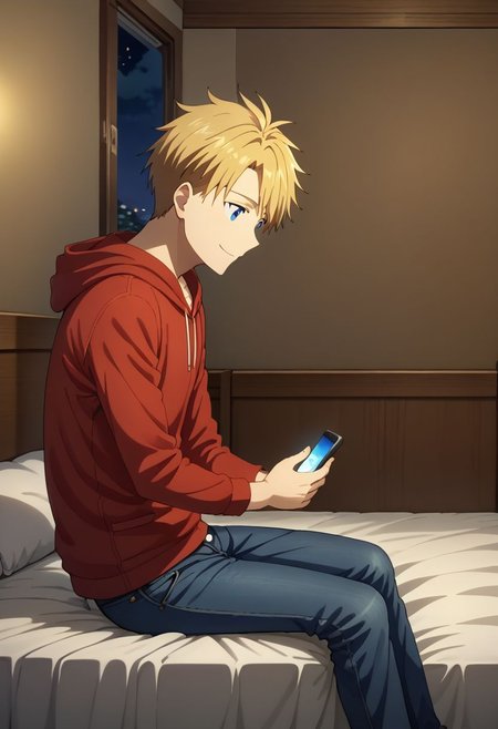 1boy, solo, anime, male focus, Yamato Ishida, blonde hair, blue eyes, red hoodie, jeans, socks, holding smartphone, sit, looking down, gente smile, open eyes, side view,
indoor, bed, night,