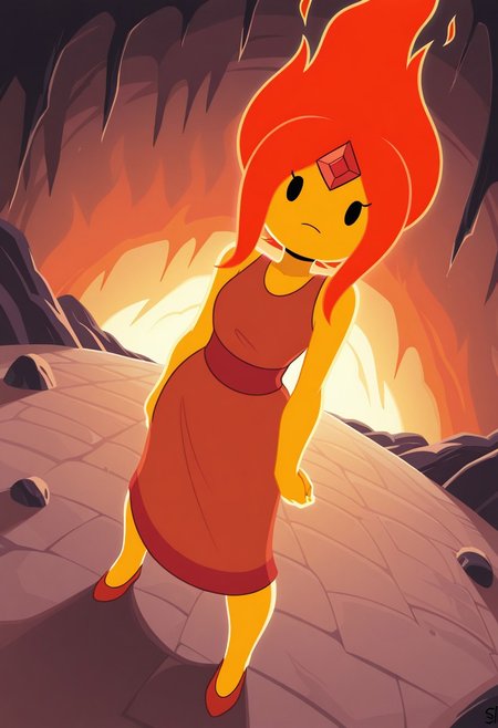 masterpiece, best quality, newest, absurdres, highres, 1girl, amazing quality, good lighting, 1girl, solo,yellow skin, red hair, red dress, medium hair, red fiery hair,  flameprincessILL looking at viewer, dynamic angle, foreshortening, black eyes, cartoon, source_CARTOOn, flame princess from adventure time, full body, hand behing back, inside a volcano, standing on rock, sfw, safe for work, safe_pos