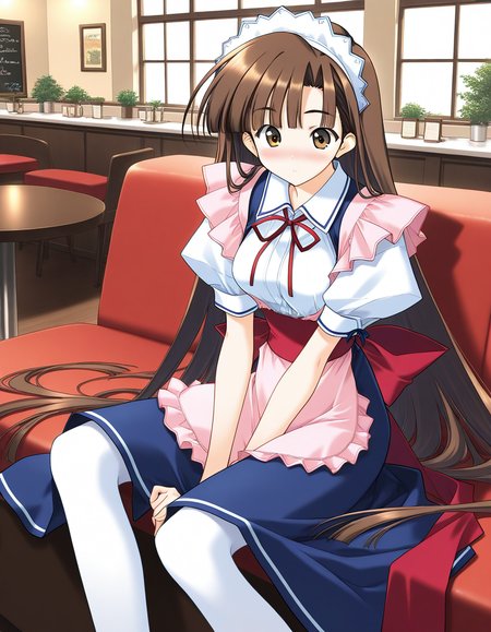 general,highres, ultra-detailed,very aesthetic,best quality ,best hands,  BREAK <lora:Mikage_Subaru_IS:1> Mikage_Subaru, 1girl,solo, brown hair, brown eyes, very long hair, bangs, medium breasts,
apron, pantyhose, white pantyhose, sitting, maid, blush, v arms, waitress, red ribbon, pink apron, red sash, blue skirt,
cafe,