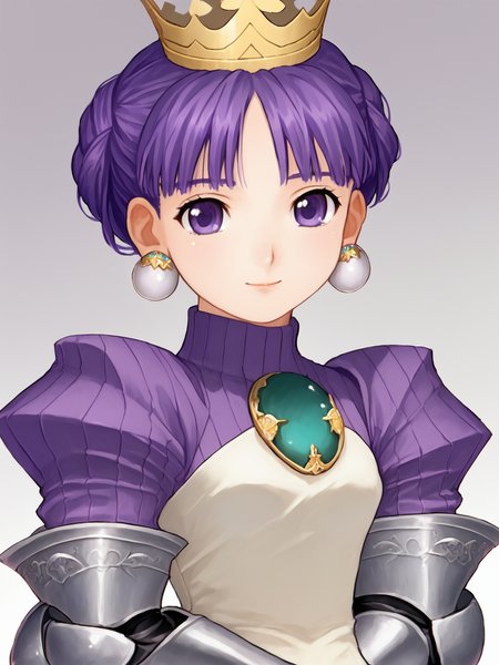 score_9, score_8_up, score_7_up,  1girl,  solo, <lora:100_grad:1>  gradriel, pcarmor, purple hair, purple eyes, hair up, crown, white earrings, grad turquoise brooch, grad purple turtleneck, grad dress, gauntlets, looking at viewer, slight smile, hands in lap