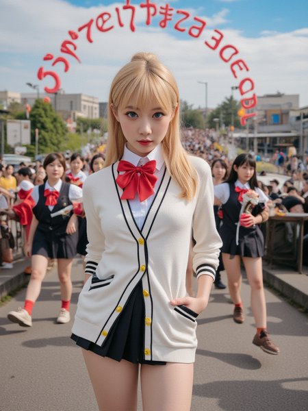 (text "Buzz Me Please" in sky:3.2),
A beautiful slim girl blushing and female orgasm,the sidelight outlines her sexy body curves,
Takarada Rikka in a white jacket and red bow tie,japanese school uniform,sailor_uniform,
<lora:Takarada_Rikka_FLUX-e12:0.9>,
<lora:Hand v2:0.6>,twiggy,A surreal,1970s-inspired photograph featuring thousands of Twiggy clones marching in perfect unison down a wide city street. The look is crisp and structured,a stark contrast to Twiggy's usual playful mod fashion. Her signature blonde hair is neatly styled into tight braids or buns,complementing the disciplined,army aesthetic.,As the eye moves deeper into the crowd,the rows of Twiggy clones seem to stretch infinitely,creating a mesmerizing,repetitive visual pattern. Each clone carries the same iconic wide-eyed expression,enhanced by Twiggyâs signature black eyeliner and drawn-on lower lashes,giving the scene an otherworldly,almost robotic feel. Their faces are expressionless,focused on the march,all moving in perfect sync.,The background consists of a bustling cityscape,with curious bystanders watching the surreal scene unfold. The sunlight casts soft shadows,illuminating the army of Twiggy clones as they march forward,their uniforms catching the light in sharp detail. The photograph has a grainy,vintage quality,typical of 70s film,with slightly muted colors and a nostalgic,dreamy texture.,The overall mood is eerie yet captivating,blending Twiggyâs timeless beauty with a militaristic,dystopian vision of uniformity. The sheer number of identical Twiggy clones and the disciplined march contrast sharply with her usual free-spirited style,creating a striking and thought-provoking image that plays with the concept of identity and conformitybackground.,The mood is avant-garde and chic,with a fusion of high fashion and subtle edginess. The Postergirl clothing takes center stage,bringing together elegance and bold,provocative design elements,making the model the epitome of modern runway glamour.,,