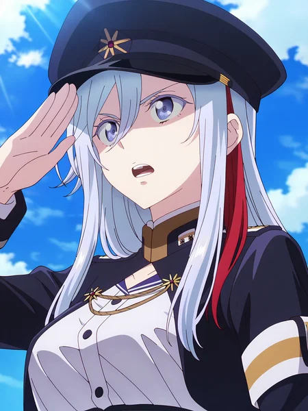 <lora:Vladilena_Milizé:0.8>, vladilena millize, 1girl, solo, blue eyes, long silver hair, red streaks, military hat, military uniform, gold trim, white shirt, shirt tucked in, armband, determined, serious, frown, open mouth, teeth, standing, arm at side, salute, portrait, from below, looking ahead, outdoors, blue sky, day, cloud, sunlight