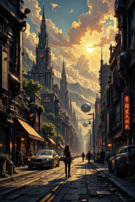 city, street, beautiful misterious futuristic sci-fi cyberpunk landscape, golden hour, woman, very intricate, very detailed, sharp, colorful, <lora:Hand v2:1> <lora:Anti-Blur:1> <lora:Insane Detail Slider:0.5>  <lora:Flux.1_Turbo_Detailer:0.6> <lora:flux.1_lora_flyway_Epic-detail_v2:0.6> <lora:flux-charmer-v1-1:0.4><lora:Vibrantly_Sharp_style_v.5:0.4> <lora:The_Dark_Side_Of_The_Future:0.7> <lora:Neurocore Anime Cyberpunk v2.0:0.6> A digital artwork in the style of cknc