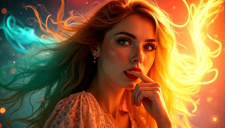 vintage style from 1930s,
Extreme realism in a complex, highly detailed composition featuring a woman with flowing rainbow-colored hair. The glowing background, with its vibrant colors, exaggerated details, intricate textures, and dynamic lighting, creates a whimsical, dreamy atmosphere in photorealistic quality.

Trails of light that weave through the scene, adding a playful and dynamic element.
Ribbons of light that float gently through the air, adding a delicate, ethereal touch.Background glows that are softly out of focus, adding depth and a dreamy quality.

Her hand is near her mouth, with her fingers lightly touching her lips, creating a slightly playful expression.

