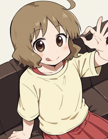 score_9, score_8_up, score_7_up, source_anime, <lora:izumi-sakurai-s1-ponyxl-lora-nochekaiser:1>, izumi sakurai, short hair, brown hair, brown eyes, ahoge,, skirt, yellow shirt, pleated skirt, red skirt,, restaurant, laughter, good food, warm lighting, celebration, smile, <lora:money-gesture-ponyxl-lora-nochekaiser:1>, money gesture, blush, sitting, couch, arm support, smile, tongue out, knee up, from above, looking at viewer, solo,, dutch angle, cowboy shot