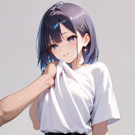 score_9, score_8_up, score_7_up,source_anime, high res image,ultra-detailed,8K,illustration,CG,shiny hair,clear skin,ultra-detailed-eyes,simple background,cute girl <lora:grabbing chest_pony_V1.0:0.7> grabbing chest, shirt, 1girl, 1boy