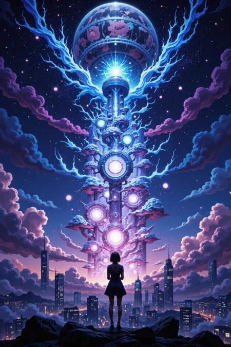 a futuristic city in the clouds beautiful  anime landscape, bright luminous night, woman, very intricate, very detailed, sharp, bright, colorful, <lora:Hand v2:0.5> <lora:Anti-Blur:1><lora:Insane Detail Slider:0.25>  <lora:flux.1_lora_flyway_Epic-detail_v2:0.3> <lora:fluxenhancer:0.25> <lora:ROWER:0.6> <lora:flux-charmer-v1-1:0.4><lora:Colorful_Fantasy_Art_for_FLUX:1> fantasy art