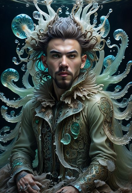 long mid shot portrait photography of an ethereal young man warrior, (glowing runes: 1.1), fairytale aesthetic. light green sheme, Photorealistic, intricate details, realism, sfw, ultrasharp, photography, floating, water, under water, jellyfish, haute couture, tentacles, bioluminescence