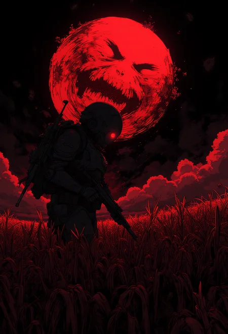 digital artwork, futuristic soldier holding a sniper rifle standing in a field of crops at night and a sinister laughing moon with a skeletal face blood-red glowing in the background which illuminates the sky which is filled with an armada of futuristic battle-ships, ,  detailed, high resolution, drawing, side view, fantasy, artistic concept art with fine chaotic brush strokes,  <lora:MJanime_flux_lora_v2:1> <lora: - Flux1 - vanta_black_V1.0:.5>