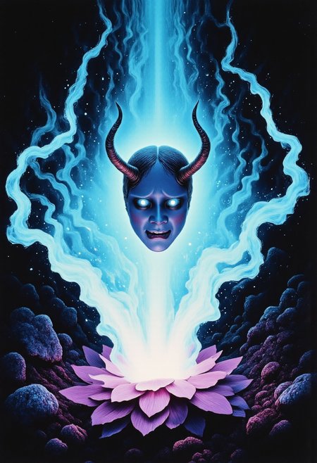 ArsMovieStill, movie still from a 1970s horror movie Studio Ghibli Dark Fairytale depicting a cursed hannya mask with horns and fangs blooming out of a blue lotus in a liminal bonsai garden with eerie radiating cyan and magenta miasma satyr