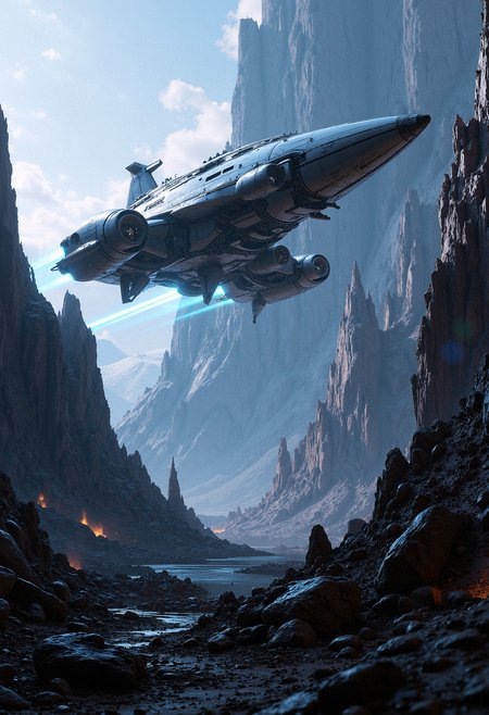 A sleek, futuristic spacecraft hovers above a barren, alien landscape, with jagged mountains and strange rock formations below. The ship has a smooth, silver hull with glowing blue energy trails emanating from its engines. The landscape is lit by the faint glow of a distant star, casting long shadows across the rough terrain. A few smaller drones accompany the main ship, scanning the surface below. The overall style is sleek and clean, with an emphasis on the contrast between the advanced technology of the spacecraft and the ruggedness of the alien world. The atmosphere is eerie and desolate, with minimal lighting and a muted color palette dominated by greys and blues.  <lora:FluxMythP0rtr4itStyle:0.8> MythP0rt, <lora:ARTifacts:0.66>