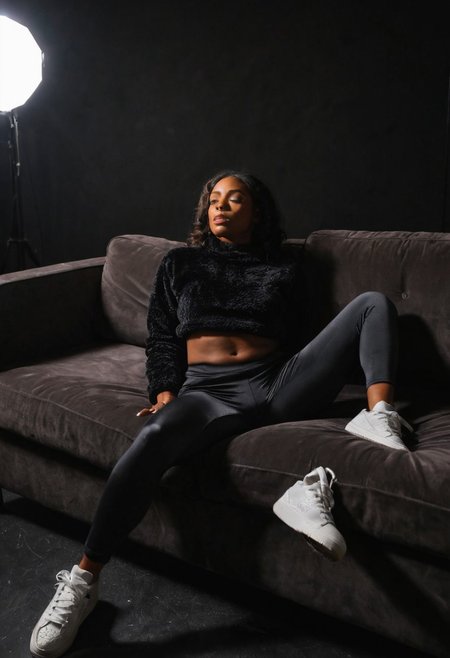 sdxl_astridholgr, masterpiece, best quality, cinematic studio ambiance, low-key lighting style, a  dark-skinned woman lounging across a black velvet couch, wearing cropped teddy fleece pullover with satin capri leggings, platform sneakers, subtle moan caught on lip, brows relaxed, rich fabric textures, dramatic soft falloff shadows, single overhead spotlight, elegant framing, photorealistic textures