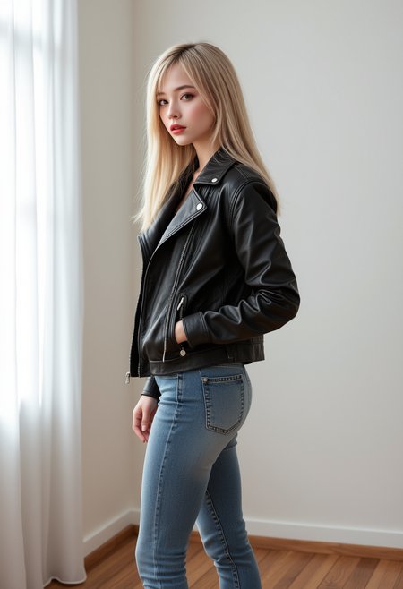 She is approximately 18 years old. Hyperrealism, she is looking at the camera, (dynamic angles), headshots of a beautiful, stunning unique female character. she has hair. her brown eyes are filled with joy and excitement, extravagant eyelashes,  A photo of Ae-cha, a woman, is shown. She has blonde hair and is wearing a black leather jacket, denim blue jeans, and white sneakers. wooden floor. standing. The photo is in black and white, giving it a classic and timeless feel. Ae-cha is posing for the camera, with a hint of a smile on her face. The composition of the photo is simple and elegant, focusing on the subject and her outfit..  She has a slight smile on her face and is looking directly at the camera. The background is a simple white wall.. making this image a masterpiece of photography and digital art. Style: realistic hyper-detailed rendering, 32k UHD, expressive eyes, punk, graphic design, girl's face, pretty and cute, gleaming lips, white skin, telling a tale of adventure. Exuding confidence and serenity. The background is a simple white wall. The overall mood of the image is happy and relaxed.RAW candid cinema,16mm,color graded portra 400 film,remarkable color,ultra realistic,textured skin,remarkable detailed pupils,realistic dull skin noise,visible skin detail,skin fuzz,dry skin,shot with cinematic camera,detailed skin texture,(blush:0.2),(goosebumps:0.3),subsurface scattering,beautiful photograph in the style of Augustus John,Sergio Toppi,Virginia Frances Sterrett,8k HD,detailed skin texture,ultra realistic,textured skin,analog raw photo,cinematic grain,whimsical,detailed hand,perfect hand.perfect style.