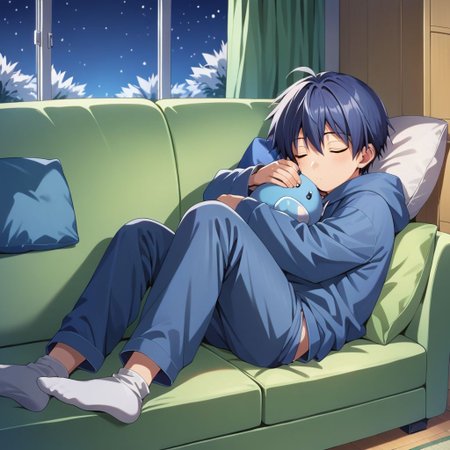 score_9, score_8_up, score_7_up, source_anime, highly detailed,
Tomoya Okazaki / Clannad, 1boy, solo, male focus, 
indoor, living room, sofa, pillow, hoodie, long pants, white socks, sleeping, cute expression, cute, tv on, televion on, night, snow,