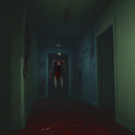 static noise, glitch, old footage, horror game, ps2 graphics, third person, 3d, retro 3d game, lowpoly, pixelated, zombies, indoors, blood, gore
