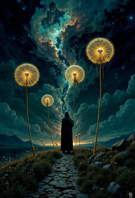 Highly detailed and dramatic digital artwork featuring a lone figure standing on a narrow, rocky path surrounded by a field of dandelions. The person, dressed in a long, dark coat, is silhouetted against a starry night sky, holding three oversized, glowing dandelions that extend into the sky. The dandelions emit a soft, ethereal light, contrasting with the deep blues and blacks of the cosmic background. The sky is filled with swirling nebulae and stars, creating a dreamlike atmosphere. The landscape is framed by distant mountains and a calm river, enhancing the mystical and otherworldly feel of the scene. <lora:FluxMythP0rtr4itStyle:0.6> <lora:flux.1_lora_flyway_Epic-Characters_v1:0.6> <lora:Elden_Ring_-_Yoshitaka_Amano:0.33>