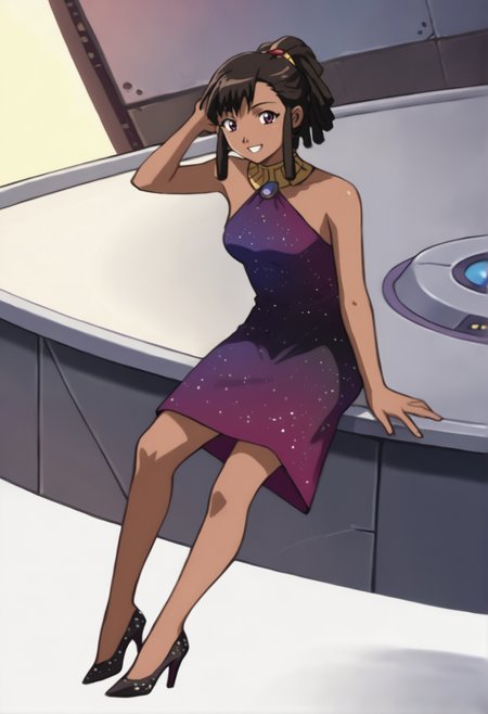 score_9_up, source_anime, amarone_sliantheav, 1girl, full body. brown hair, dark skin, dark-skinned female,  black hair,  short hair, brown eyes, purple eyes,   sidelocks, long hair, ponytail,  dreadlocks, asymmetrical bangs,  smile. black silk dress. high heels. sparkly dress.
