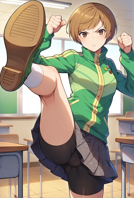 score_9, score_8_up, score_7_up, source_anime, 1girl, solo, <lora:zs_ChieXL.safetensors:1.0> chiedef, brown hair, short hair, brown eyes, track jacket, badges, skirt, houndstooth, bike shorts, white socks, looking at viewer, uplift skirt, brown shoes, classroom, focused  <lora:muay_thai_kick.safetensors:0.9>  leg kick fighting stance, incoming attack, ((mid air, dynamic, motion blur))