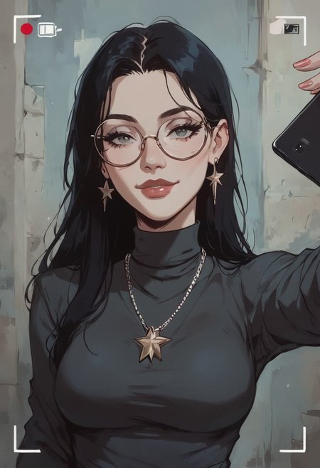 (score_9, score_8_up:1.1), score_7_up, 1 black haired woman ( long straight black hair, prominent nose, small eyes, pale white skin, human, pale skin, medium perky breasts, round thick butt, slender body, round thin glasses, sly smile look, black turtleneck, jewish woman, jewish, star of david necklace), selfie, taking a selfie, on the street, selfie pose, face focus, dynamic pose, phone viewfinder, phone overlay, iphone overlay, (3-frame sketch)