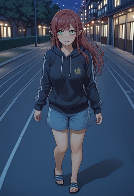 score_9, score_8_up, score_7_up, perfect eyes, partially illuminated, animification, Anime_source,  depth of field, (Masterpiece), Sono Bisque Doll wa Koi wo Suru - Marin Kitagawa, extremely detailed, legs, large breast, green eyes, perfect eyes, high resolution, sharp detail, dark red hairs, redhair, dark red hair, 1girl, fangs, sexy, long hair, pointy ears, good hands, anatomically correct, best quality, masterpiece, highly detailed face, highly detailed eyes, natural breasts, mature woman, correct anatomy, feet, perfect feet, perfect toes, jersey trousers, adilette sandals, blue adilette sandals, black hoodie, worried, looking at another, solo focus, ultra detailed eyes, full body, running in a Tokyo street, Tokyo night, night, ultra hd, highest score, 
BREAK, 
very colorful, (intense angle: 1.3), cowboy shot, dutch angle, <lora:minami-nanami-s1-ponyxl-lora-nochekaiser:0.6>