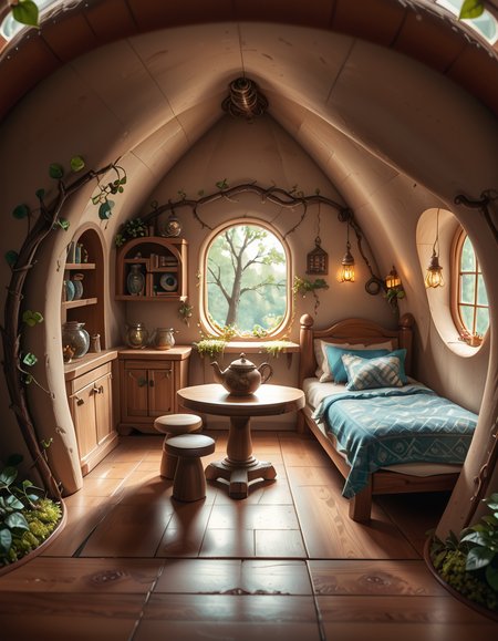score_9, score_8_up, score_7_up,amazing quality, ultra realistic, 3D, HD, best quality, amazing quality, very aesthetic, absurdres
A highly detailed, realistic photograph of a tiny gnome house nestled at the base of an ancient oak tree, taken in soft morning light with a gentle mist hanging in the air. The house is crafted from natural materials: smooth stones form the lower walls, and curved wooden planks create a round, thatched roof with patches of moss and small wildflowers growing on top. Tiny circular windows with stained glass panels glow faintly from within, casting warm amber and green hues. A miniature wooden door with intricate carvings sits slightly ajar, surrounded by tiny lanterns that hang from delicate hooks, each softly glowing. Around the house, the forest floor is covered in dew-kissed clover, mushrooms of varying sizes and colors, and winding little cobblestone paths. In the background, tall ferns and oversized leaves tower, giving the scene an enchanted, hidden feel. Subtle rays of sunlight break through the canopy above, highlighting fine details with a dreamy, ethereal atmosphere. Hyper-realistic style, high-resolution, rich earthy tones, with an overall cozy and magical woodland vibe. No creatures or people, only nature and the charming architecture of the gnome's home.
<lora:SDXLFaeTastic2400:0.4> <lora:extremely_detailed:0.4> extremely detailed,tiny gnome h0us3 <lora:tiny_gnome_h0us3-p:1>