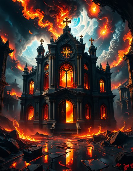 A once-majestic celestial temple, now under siege by the forces of Hell. The grand white stone structure is cracked and scorched, its golden crosses twisted and broken. The stained-glass windows, once glowing with warm divine light, are now shattered, with demonic symbols glowing ominously in their place. The sky, once a serene blue, is now consumed by dark storm clouds, swirling with red lightning and thick smoke.
Black, jagged chains extend from the sky, wrapping around the temple as if trying to pull it down into the abyss. The once-fluffy clouds beneath the structure are now a chaotic mix of fire, ash, and dark mist, with glimpses of molten lava cracks below. Infernal creatures with glowing red eyes lurk in the shadows, their silhouettes barely visible through the smoke and fire.
The temple doors are blown open, revealing an eerie red glow emanating from within, as if Hell itself is consuming the sacred space. Massive demonic runes are etched into the stone, pulsating with an unholy energy. The entire scene is bathed in a deep crimson and orange glow, giving it an apocalyptic and nightmarish atmosphere.
Style & Lighting:
- Dark fantasy, highly detailed
- Dramatic, high-contrast lighting with fiery glows
- Cinematic composition, epic scale
- Strong use of shadows, embers, and atmospheric foghighly detailed and atmospheric view from inside a massive birdcage, large enough for a human to stand inside. The cage is made of ornate, aged metal bars with intricate Victorian-style patterns, curving elegantly towards the domed ceiling. Sunlight filters through the gaps between the bars, casting long, dramatic shadows on the wooden floor. Delicate vines and small flowers have begun to grow around the bars, adding a touch of nature reclaiming the space. The background beyond the cage is blurred, hinting at a lush garden or a mysterious, abandoned mansion. The ambiance is serene yet slightly melancholic, with warm golden light illuminating dust particles floating in the air. Soft feathers are scattered on the floor, adding to the sense of quiet abandonment. The perspective makes the viewer feel as if they are inside the cage, looking outward, surrounded by both beauty and confinement. The style is highly detailed and realistic, with a cinematic and slightly surreal atmosphere.
<lora:SDXLFaeTastic2400:0.4> <lora:extremely_detailed:0.4> extremely detailed,evil celestial t3mpl3, <lora:evil_celestial_t3mpl3-p:1>, Masterpiece,best quality,hi res,8k,hi res,8k,award winning,(sharp focus, intricate, highly detailed),