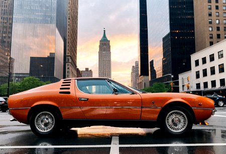 gleaming wet Orange Alfa Romeo Montreal, side view, wet New York avenue reflections, bright headlights, sunset, Manhattan skyscrapers background, 4K, highly detailed, ((grainy 35mm photo))