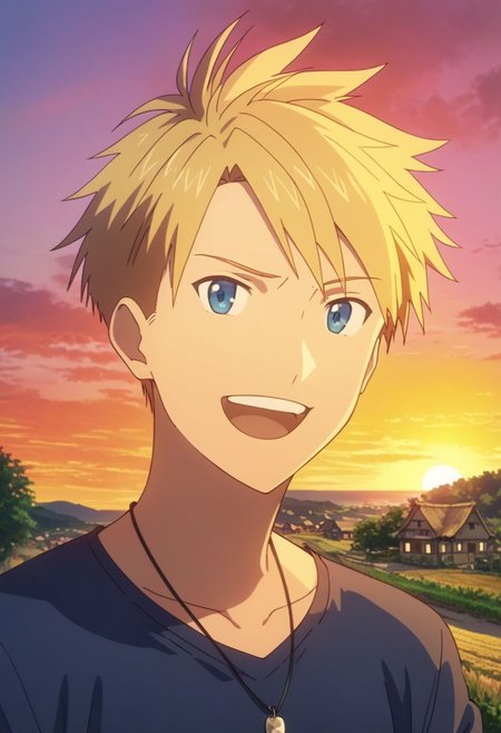 high resolution, professional photography, best quality, 1Boy, Yamato Ishida, blond hair, deep blue eyes, necklace, potrait, laughing, very happy, half body, village, sunset, looking at viewer,, OverallDetail