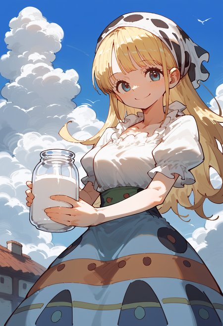 score_9, score_8_up, score_7_up, source_anime, RythModaOPPony, cowboy shot, bandana, skirt, dress, looking at viewer, holding milk jar, outdoors, blue sky, clouds, smiling,  <lora:ModaOPPony-101:1>,