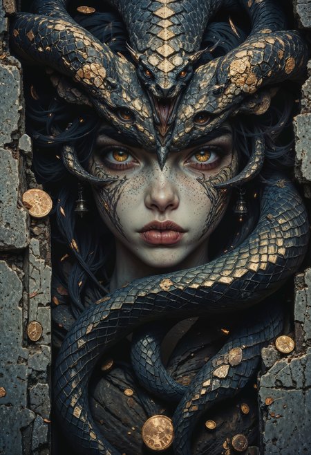 A striking gorgon, her face captivating despite the danger it holds. Her serpentine hair coils and shifts subtly, each scale catching the dim light and adding texture to her deadly elegance. Her golden eyes glimmer like polished coins, framed by a defiant gaze that seems to dare the viewer to meet them. Faint, intricate patterns resembling scales trace along her cheekbones, blending seamlessly into her smooth, pale skin. The stone ruins of an ancient temple blur softly in the background, suggesting her domain without distracting from her hypnotic visage. <lora:FluxMythG0thicL1nes:0.6> <lora:FluxMythR3alisticF:0.5> <lora:RetroAnimeFluxV1:0.6> <lora:OB半写实肖像画V2.0:0.6>