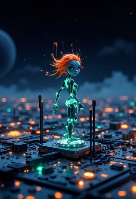 Disney anime, Disney Morph, Disney Style, (2D Animation), 

 A bird's-eye view of another planet, an alien spaceport below , wires, microchips, luminous copper circuit boards, many small alien living cyborg creatures with shiny wet eyes, they transmit impulses between themselves and devices. there is fog in the foreground, alien technological devices are flying, a view to the horizon, a gradient black sky, stars, white contrails of rockets, Pulsating lights. Depth and layering of the image, Depth of field, beautiful bokeh.
 that appears to glow brightly in shades of flashy orange at the top and hair, day-glo salad-green in the middle and glowing indigo bottom of the hem, creating a vibrant gradient of luminous colors against the very dark gradient background. Very dim lighting, dark environment.

 Sharp shadows. phantasmagoria. An otherworldly atmosphere., . unimaginable quality, 8K, UHD, ,
nigiex.   

 
Depth of field, masterpiece., . full body. An otherworldly atmosphere, Mysticism.



mythp0rt, InCase Style. hla
 
masterpiece, best quality, medium-format camera,  high-contrast, dramatic lighting, striking composition,  CPA. 