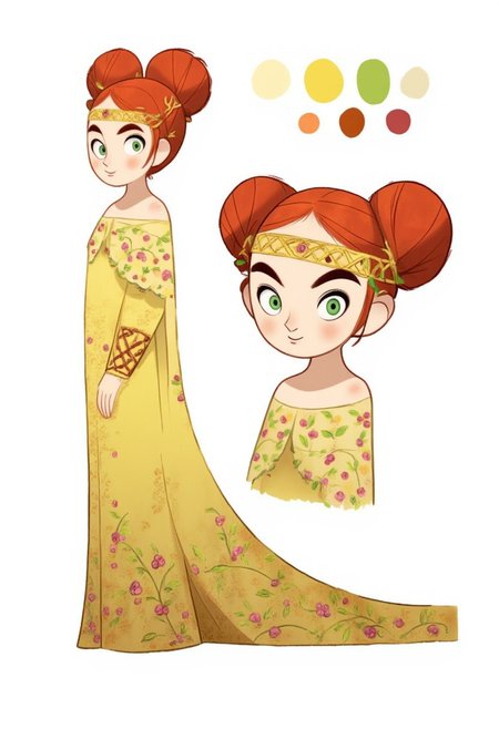 SecretKells, anime oil painting, full  body portrait of a beautiful young woman with red hai,reference sheet,white background,simple background,multiple views, upper body, front, from side, color palette reference, wearing Padme Amidala Yellow Naboo Picnic Dress with Celtic design. Animated, stylized, detailed portrait, mystical atmosphere. delicate off-the-shoulder dress in a pale yellow fabric adorned with intricate floral embroidery in shades of pink and green. The dress has a fitted bodice and a flowing skirt, her hair in two side buns, Her head is adorned with a golden headpiece resembling a crown intricately woven with gold and adorned with small pink flowers, high_detailed, captured in high detail, CharacterDesignFLUX