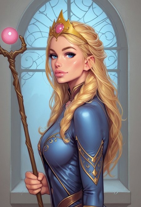 1girl, (((side view))), from front, solo, illustration, comic style, highly detailed, skinny, model body, looking at viewer, masterpiece, best quality, 1girl, masterpiece, best quality, fayenchantress, 1girl, solo, blonde hair, long hair, blue eyes, (young beauty, fit body:1.3), ((((magic shining orb in staff right hand, opened magic book in left hand)))), ((((full magic clothes, tiara)))), dynamic pose
<lora:FayEnchantress:0.9>
BREAK 
(((dark magic Observatory inside, night sky in window:1.6)))) score_9, score_8_up, score_7_up, score_6_up, source_cartoon, rating_explicit, Expressiveh, ((((upper body))))), dynamic pose