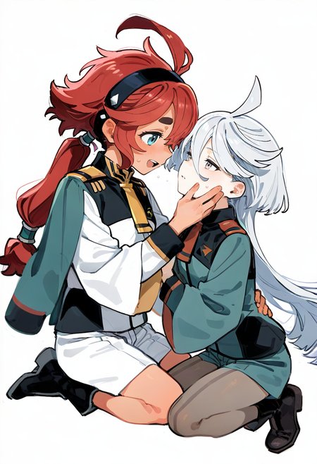 2girls,multiple girls,miorine rembran,suletta mercury,gundam,gundam suisei no majo,ahoge,asticassia school uniform,blush,closed eyes,embarrassed,hairband,hand on another's face,hug,long hair,open mouth,pantyhose,pink eyes,ponytail,red hair,school uniform,shorts,simple background,thick eyebrows,white background,white hair,yuri,jacket on shoulders,hair between eyes,low ponytail,sweatdrop,wide-eyed,blue shorts,grey pantyhose,seiza,shoulder boards,green short,jacket,eye contact,black footwear,boots,necktie,white shorts,looking at another,aqua eyes,black hairband,sitting,long sleeves,hand on another's cheek,full body,parted lips,green jacket,yellow necktie,smile <lora:n_XL_NBVP1_lokr_V6311PZ:0.95>