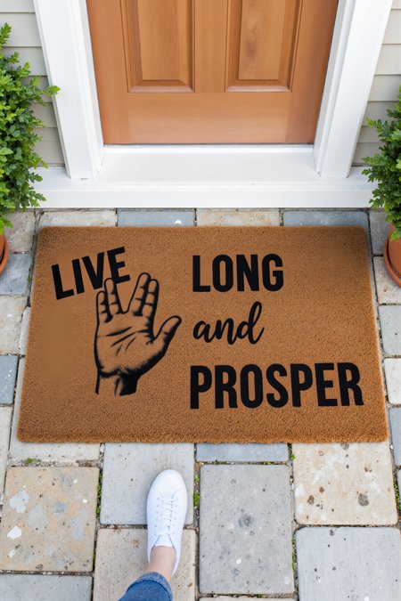 <lora:Welcome_Mat_Manufacturer_FLUX-000023:0.9> The image is a photograph of a small outdoor entrance area, featuring a doormat with a humorous design. The doormat is rectangular and made of a textured, brown, coir material. It has a vibrant, whimsical design featuring a hand doing a vulcan salute and text "LIVE LONG AND PROSPER!"<lora:VULCANSALUTE_FLUX> <lora:FluxMythR3alisticF:0.4><lora:midjourney_whisper_flux_lora_v01:0.4><lora:aidmaMJ6.1-FLUX-V0.1:0.4><lora:Movie_Portrait:0.4><lora:Flux DetailerV2:0.4>