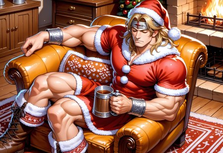 score_9, score_8_up, score_7_up, watercolor \(medium\), traditional media, FMIXF, vibrant details, sharp focus, perfect anatomy,

simonbel, simon belmont, blonde hair, muscular, santa hat, jeweled headband, santa costume, rosary, metal wristbands, red fur lined boots, from above, eyes closed, holding tankard, sat down, sitting, armchair, feet up, asleep,

leather armchair, fireplace, yule log, log cabin background, very dim lighting, indoors