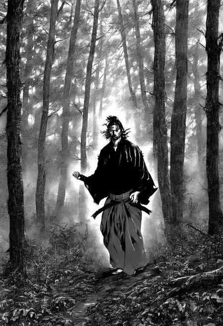 Vagabond, wide shot of Miyamoto Musashi walking through a misty forest, hands shoulder-high, fingers splayed, back of hands visible, dappled sunlight.