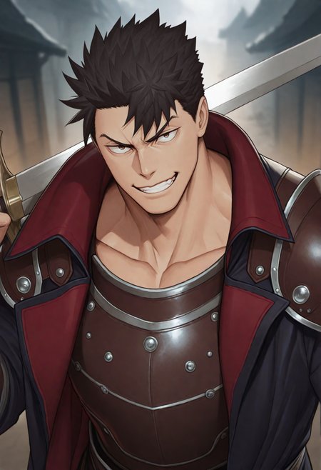 masterpiece,best quality,
1boy,bara,
<lora:loren_NAI_EPS_1_0_CAME_v1_rev2:1>,10r3n,black hair,short hair,spiked hair,brown eyes,sanpaku,
looking at viewer,holding sword,sword over shoulder,grin,v-shaped eyebrows,two-sided coat,black coat,red coat,leather armor,shoulder armor,blurry background,upper body,from above,collarboneâââ