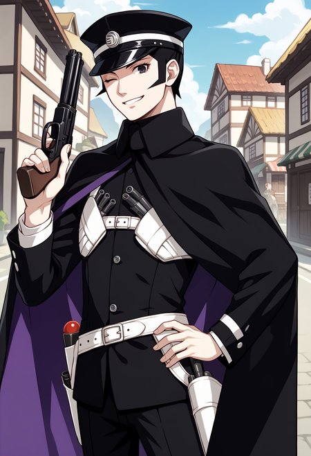 score_9, score_7_up, source_anime, 1boy, cowboy shot, wink, smile, holding gun, hand on own hip, <lora:zs_RaidouXL:1> raidoudsrk, short hair, black hair, black eyes, shako cap, gakuran, pants, cape, holster, village, outdoors