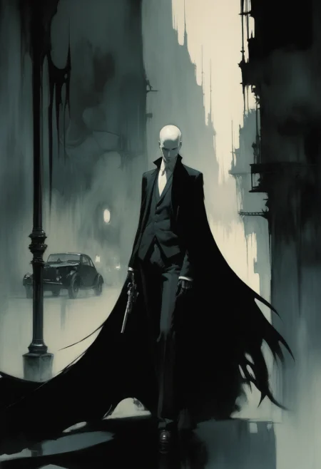 neo-noir scene by Ashley Wood and Kay Nielsen