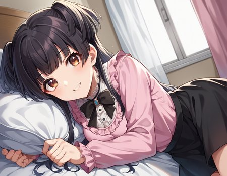 score_9, score_8_up, score_7_up, source_anime,
fuyukomayuzumi, <lora:fuyuko-mayuzumi-ponyxl-lora-nochekaiser:1>,
fuyuko mayuzumi, black hair, brown eyes, long hair, two side up, smile,
black bow, black bowtie, black ribbon, black skirt, bow, bowtie, frilled shirt, frills, jirai kei, long sleeves, neck ribbon, pink shirt, ribbon, shirt, skirt, white shirt,
indoors, bed, bed room, on side,
looking at viewer, dutch angle, cowboy shot,