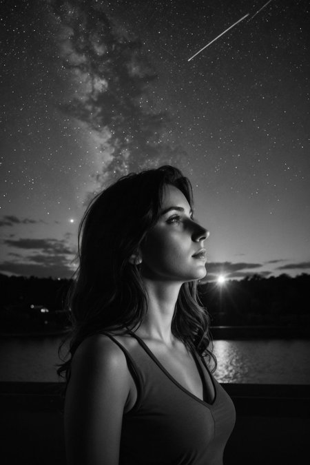 modern Photograph of a italian woman is stargazing in thoughts with background outside at night, Moody Light, Greyscale
