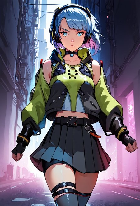 masterpiece, best quality, highly detailed, score_9, score_8_up, score_8, 1girl, solo, Anby_Demara, orange_eyes, grey_hair, side_braid, short_hair, small_breasts, headphones, black_choker, crop_top, hooded_jacket, two-tone_jacket, detached_sleeves, thigh_strap, puffy_long_sleeves, black_belt, miniskirt, black_skirt, pleated_skirt, black_thighhighs, bike_shorts, black_shorts, black_gloves, fingerless_gloves, serious face, Expressiveh, running, dynamic pose, dynamic angle, cinematic view, detailed background, street, cyberpunk city, night lights, neons, highly detailed, masterpiece, cowboy shot