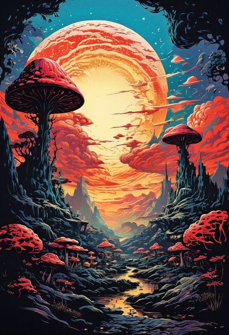 intricate paper-cut art of alien landscape with mushrooms and clouds presented in barocco  style. paper cutting art style,  iridescent style, dynamic movement,  dramatic light scene, three dimensional effect, lightbox effect, vibrant background, dramatically captivating,  High contrast,  highly detailed, high resolution, HDR, UHD, Surrealism.